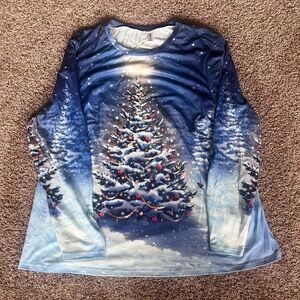 NWT Blue and White Holiday Christmas Tree Long Sleeve Shirt
